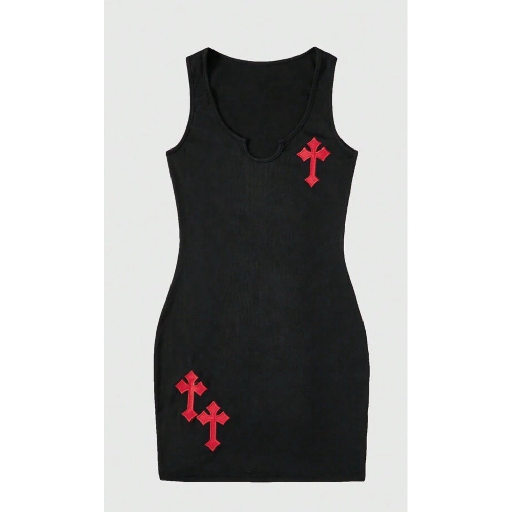 ROMWE‎ Grunge Punk Gothic Black Red Cross Notched Neck Ribbed Dress Size L